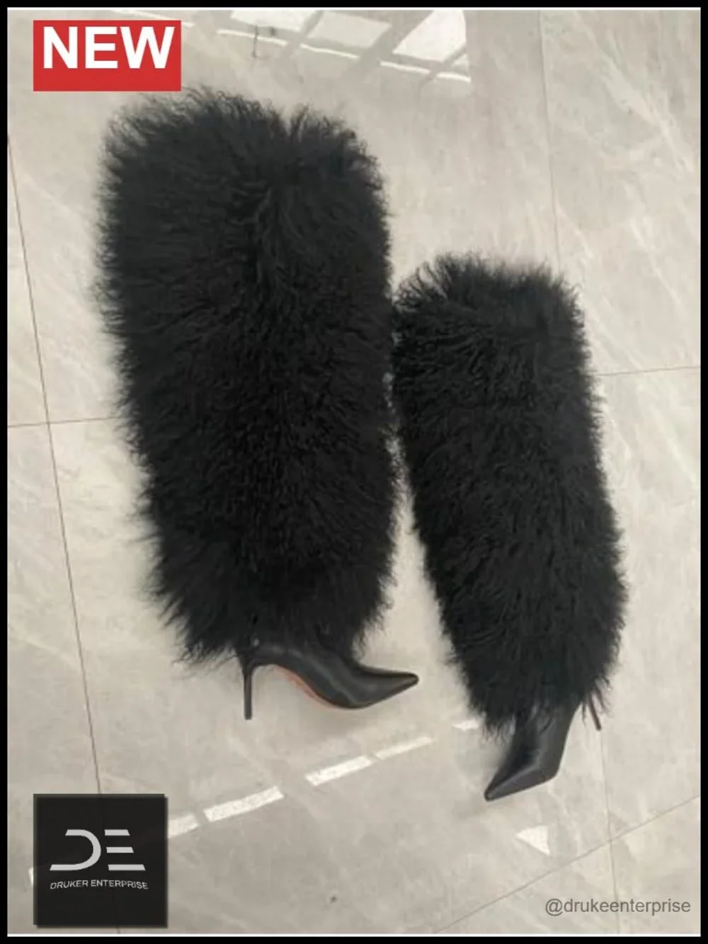 Real Mongolian Fur Over Knee Boots Women's Pointed High Heel